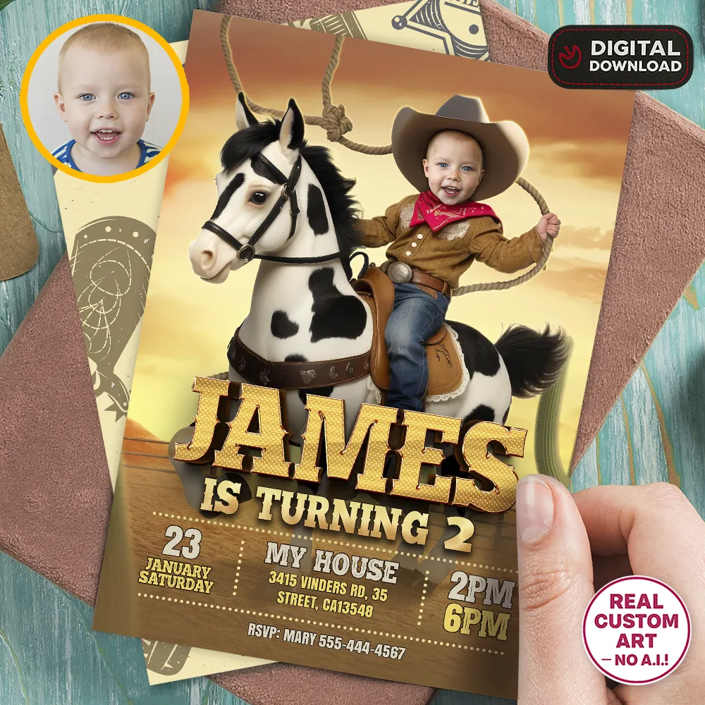 Personalized Cowboy Baby Birthday Invitation – Custom Photo Invitation Party Design – Delivered in 24h – Digital File 1 Custom Cowboy Baby Birthday Invitation