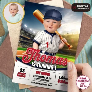 Custom Baseball Baby Birthday Invitation with Photo – Rookie of the Year Invitation – 1st Birthday Invite for Boys – Delivered in 24h – Digital File