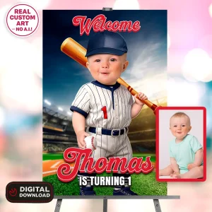 Personalized Baseball Baby Birthday Welcome Sign – Custom Sports Theme Party Decoration – Delivered in 24h – Digital File