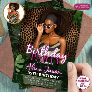 Personalized Leopard Glam Birthday Invitation – Custom Animal Print Woman Photo Invitation – 24h Delivery – Digital File