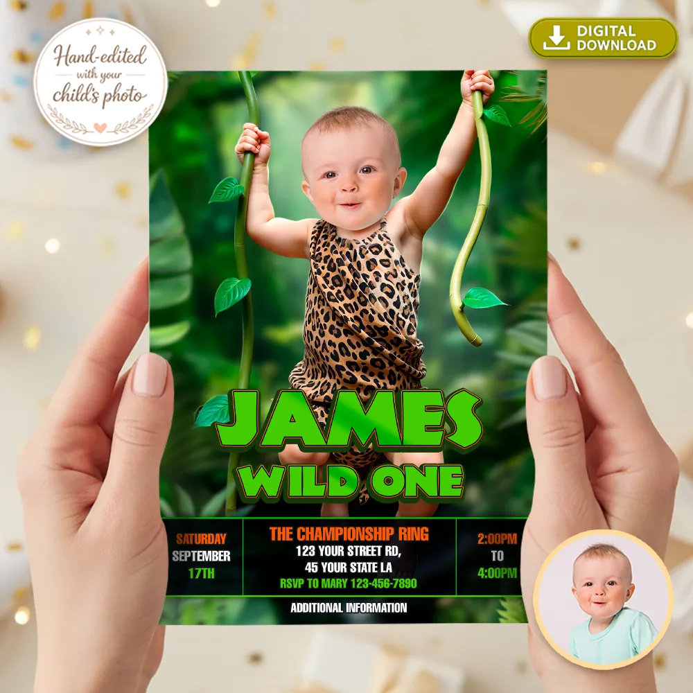 Personalized Wild One Jungle Baby Birthday Invitation – Custom Safari Theme Party Design – Delivered in 24h – Digital File 2 Personalized Wild One Jungle Baby Birthday Invitation – Custom Safari Theme Party Design – Delivered in 24h – Digital File
