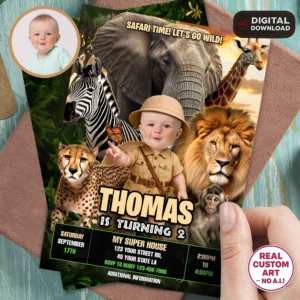 Personalized Safari Baby Birthday Invitation – Custom Jungle Theme Party Design – Made to Order Digital File