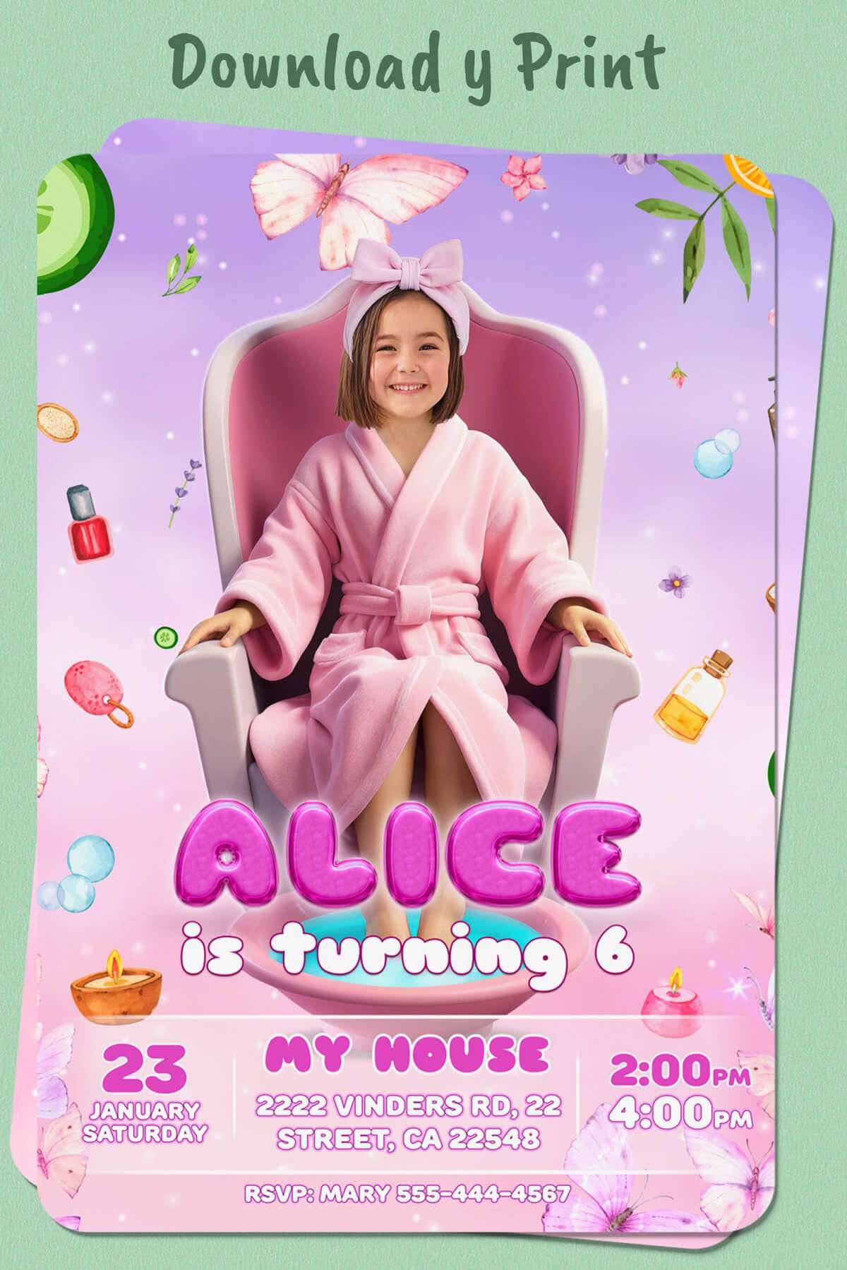 Personalized Spa Birthday Invitation for Girls – Custom Pamper Party Theme Design – Made to Order Digital File 2 spa birthday card