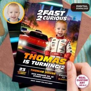 Personalized 2Fast 2curious Baby Birthday Invitation – Custom Race Car Theme Party Design – Delivered in 24h – Digital File