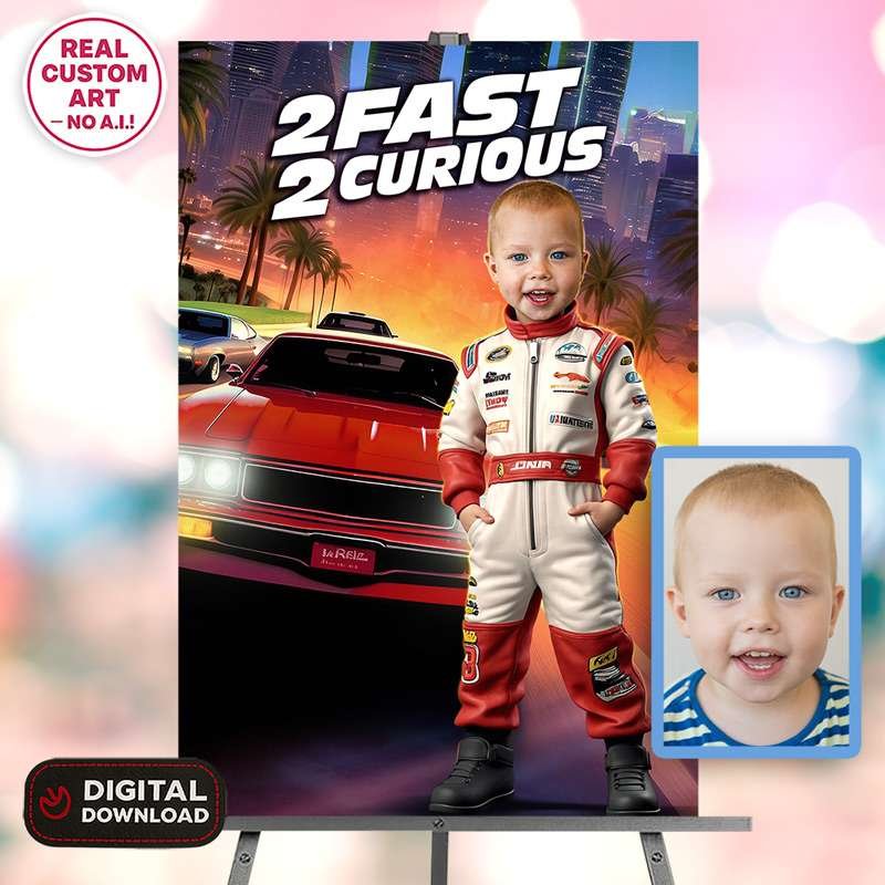 Two Fast Birthday Bundle | Custom 2nd Birthday Racing Invitation & Decor Pack 2 2Fast 2Curious Birthday Welcome Sign With Photo