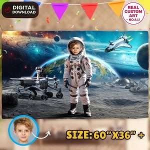 Custom Astronaut Birthday Banner – Personalized Space Theme Party Decoration – Delivered in 24h – Digital File