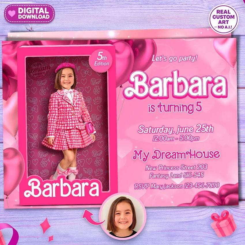 Classic doll box birthday invitation with personalized photo
