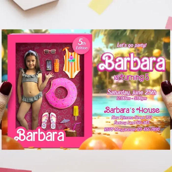 Custom Pool Party Doll-Themed Birthday Invitation for Girls