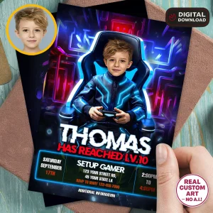 Gamer Throne Birthday Invitation – Custom Video Game Theme Party Design – Delivered in 24h – Digital File