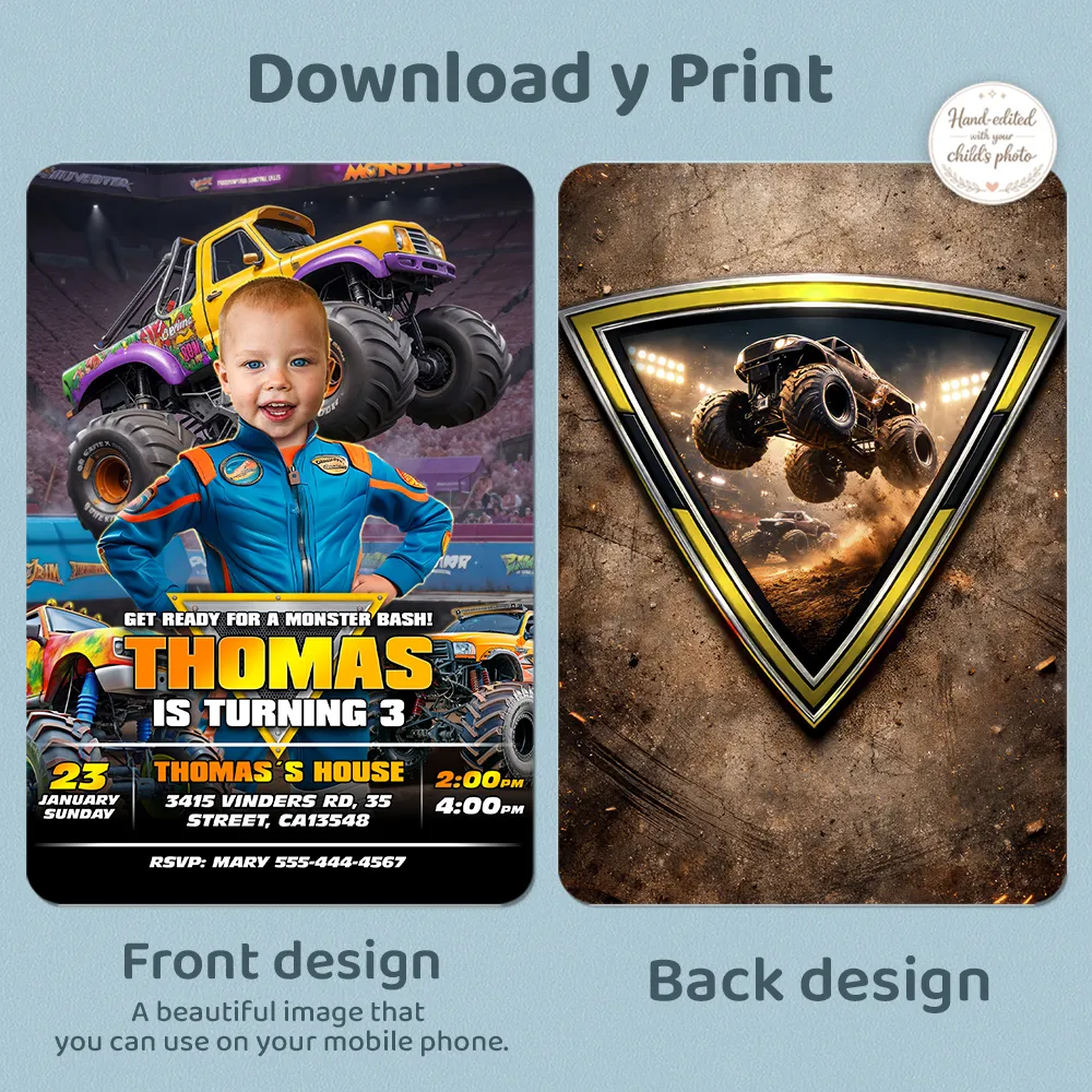 Personalized Monster Truck Birthday Invitation | 3rd Custom Photo All-Star Driver Invite 4 Personalized Monster Truck Birthday Invitation Blue Truck Stadium