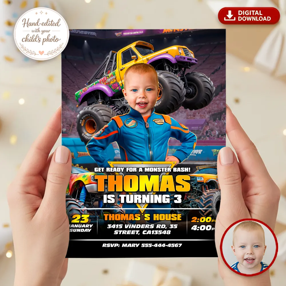 Colorful Monster Truck invitation design for 3 to 4 year old birthday