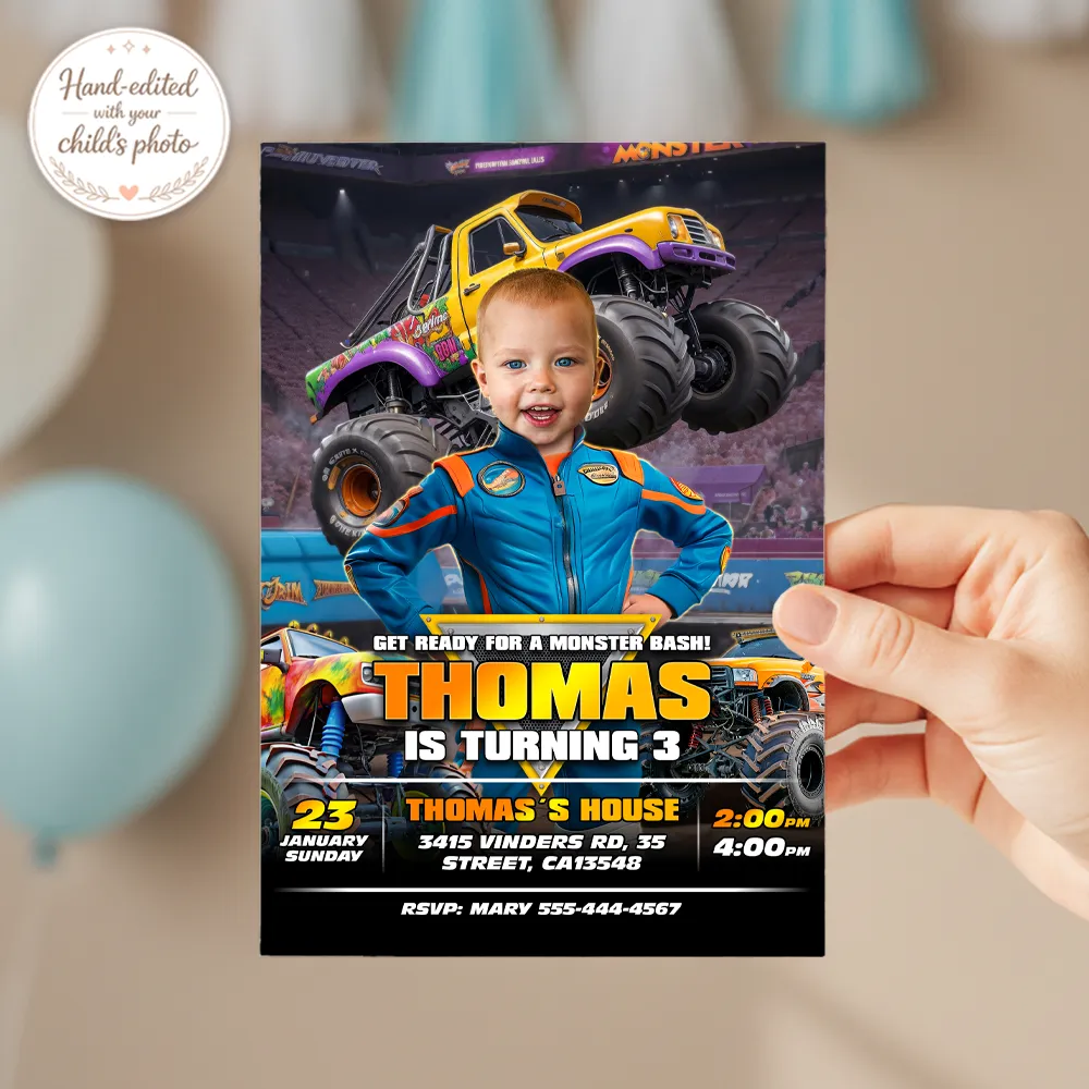 Personalized Monster Truck Birthday Invitation | 3rd Custom Photo All-Star Driver Invite 3 Personalized Monster Truck Birthday Invitation Blue Truck Stadium