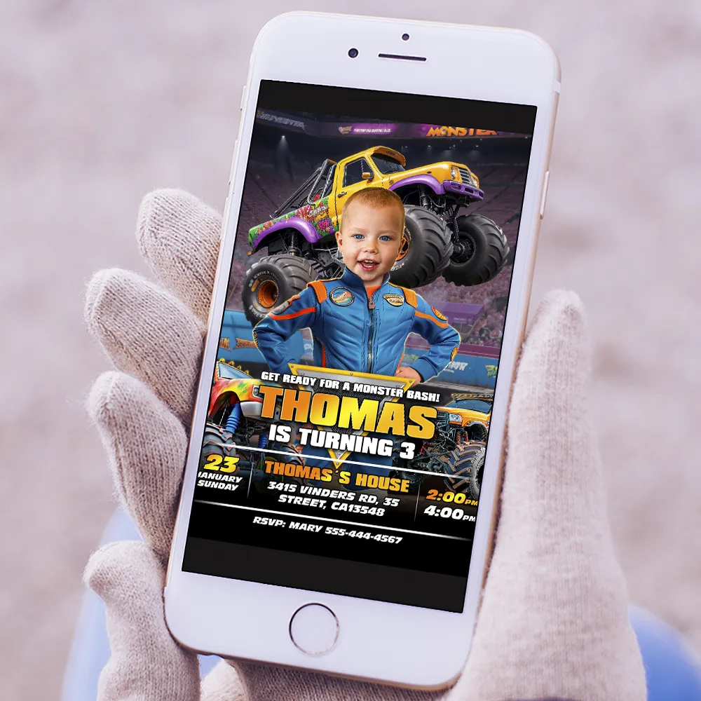 Personalized Monster Truck Birthday Invitation | 3rd Custom Photo All-Star Driver Invite 5 Personalized Monster Truck Birthday Invitation Blue Truck Stadium