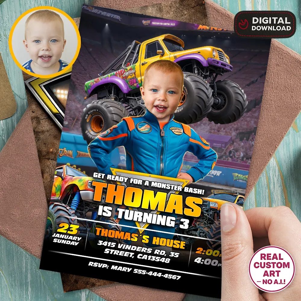 Personalized Monster Truck Birthday Invitation | 3rd Custom Photo All-Star Driver Invite 1 Personalized Monster Truck Birthday Invitation Blue Truck Stadium