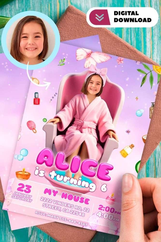 Personalized Spa Birthday Invitation for Girls – Custom Pamper Party Theme Design – Made to Order Digital File 1 Custom Spa Birthday Invitation for Girls