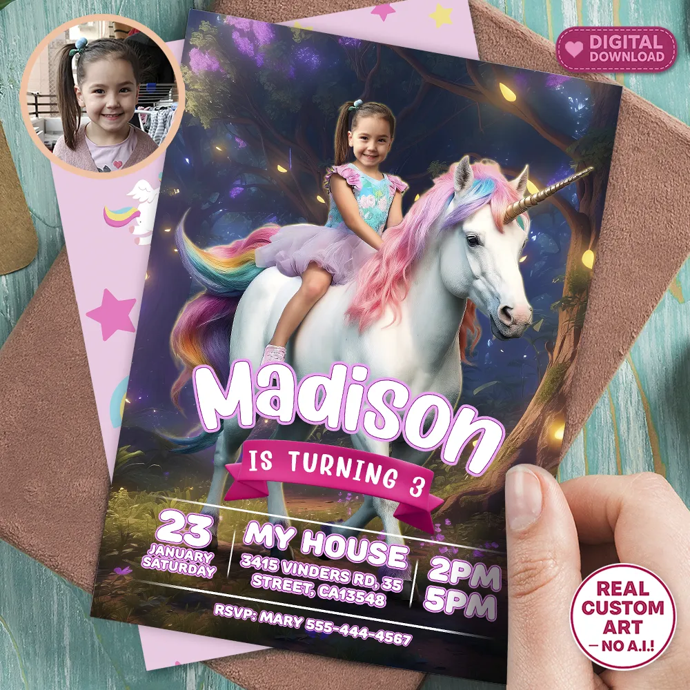 Custom Unicorn Birthday Invitation – Personalized Magical Party Photo Invitation – Delivered in 24h – Digital File 1 Custom Unicorn Birthday Invitation – Personalized Magical Party Photo Invitation – Delivered in 24h – Digital File