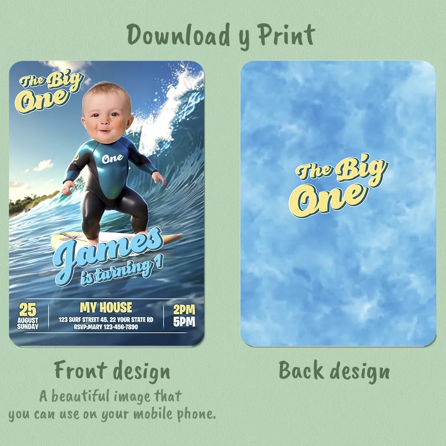 The Big One – Personalized Baby Surfing Birthday Invitation – Custom Surf Theme Party Design – Delivered in 24h – Digital File 2 The Big One – Personalized Baby Surfing Birthday Invitation – Custom Surf Theme Party Design – Delivered in 24h – Digital File