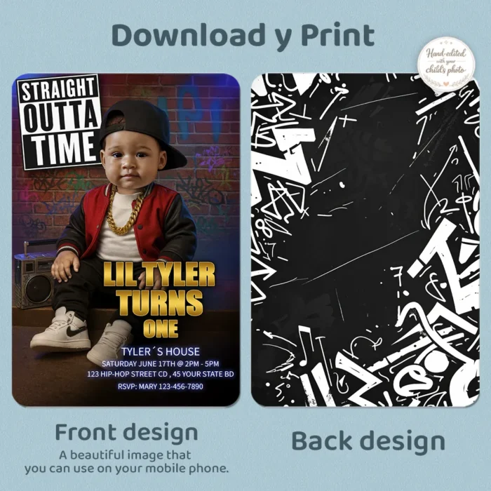 Personalized Hip-Hop Birthday Invitation for Baby Boy – Custom Rap 1st Party Photo Invitation – Delivered in 24h – Digital File