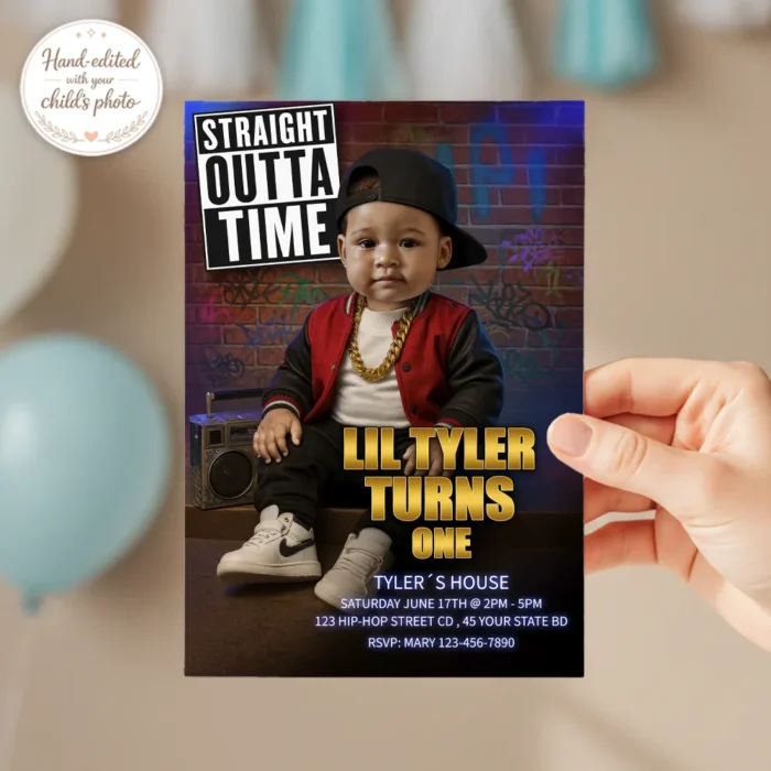 Personalized Hip-Hop Birthday Invitation for Baby Boy – Custom Rap 1st Party Photo Invitation – Delivered in 24h – Digital File