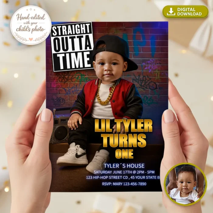 Personalized Hip-Hop Birthday Invitation for Baby Boy – Custom Rap 1st Party Photo Invitation – Delivered in 24h – Digital File