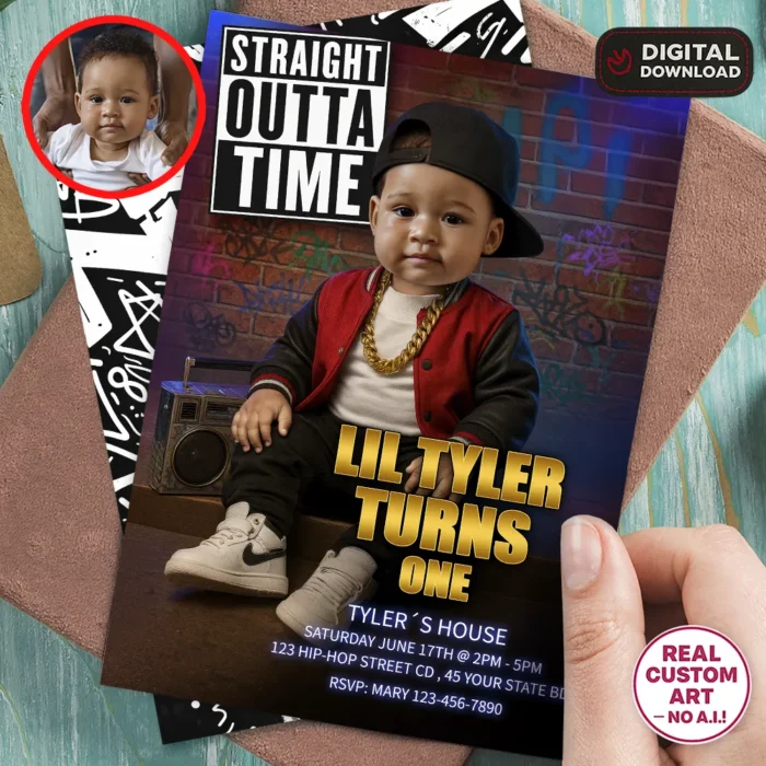 Hip-Hop Birthday Invitation for Baby Boy | Custom Rap 1st Party Photo Invitation 1 Personalized Hip-Hop Birthday Invitation for Baby Boy – Custom Rap 1st Party Photo Invitation – Delivered in 24h – Digital File