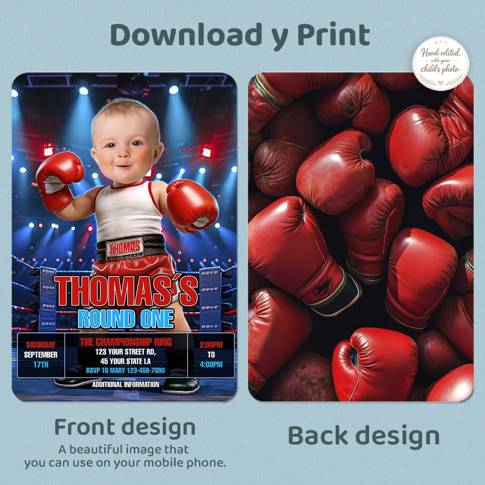 First Round Boxing Birthday Invitation | Custom Photo Boxer Baby 5 Custom Boxer Baby Birthday Invitation