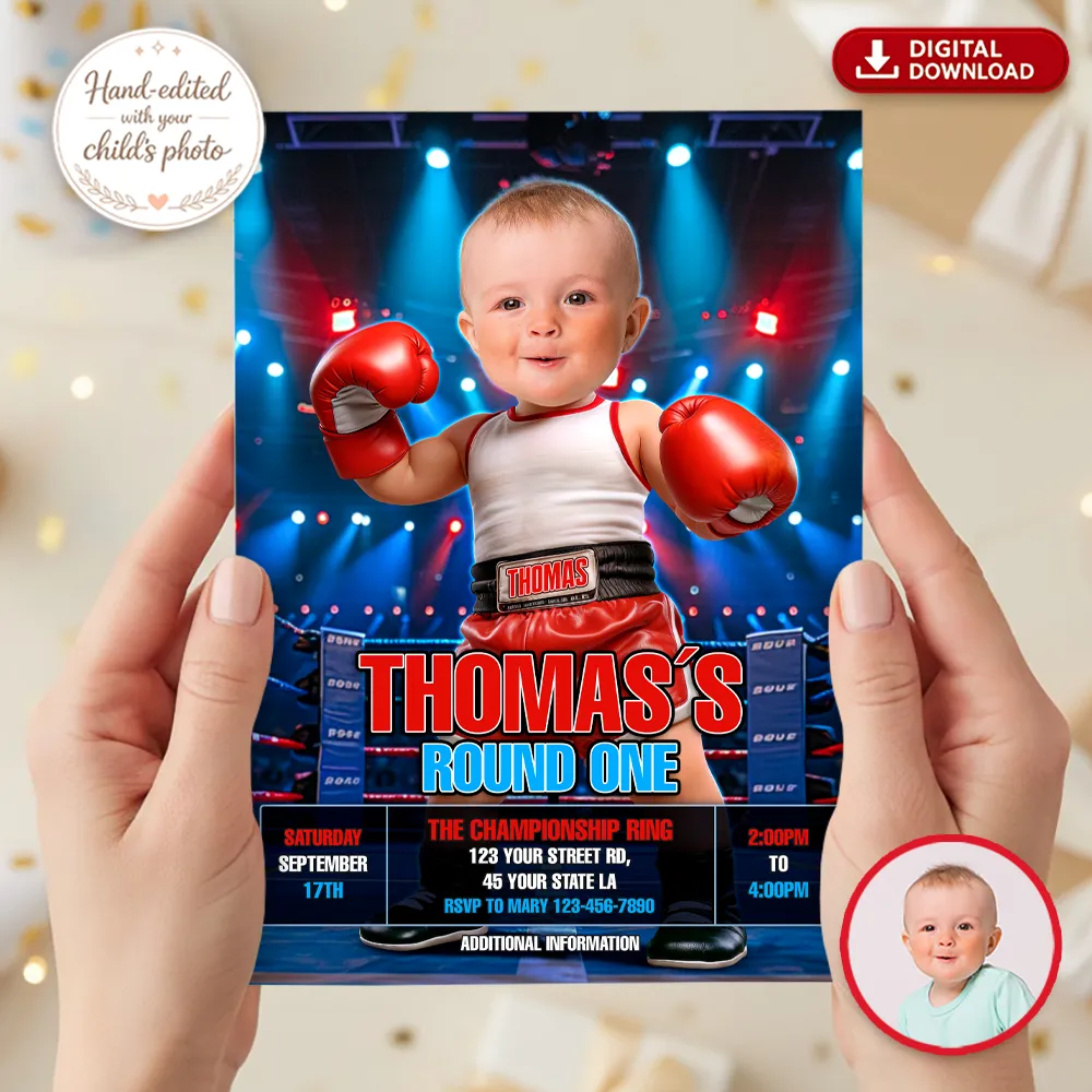 First Round Boxing Birthday Invitation | Custom Photo Boxer Baby 2 Custom Boxer Baby Birthday Invitation