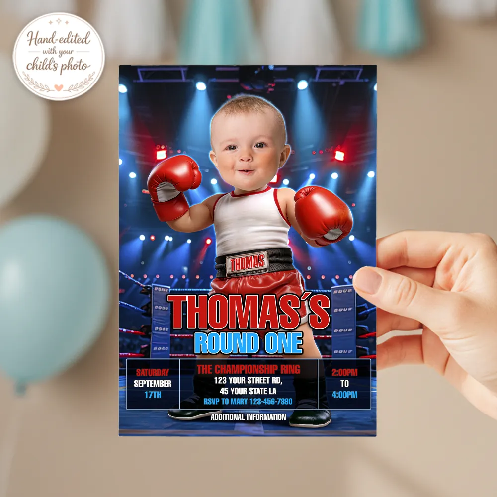 First Round Boxing Birthday Invitation | Custom Photo Boxer Baby 3 Custom Boxer Baby Birthday Invitation