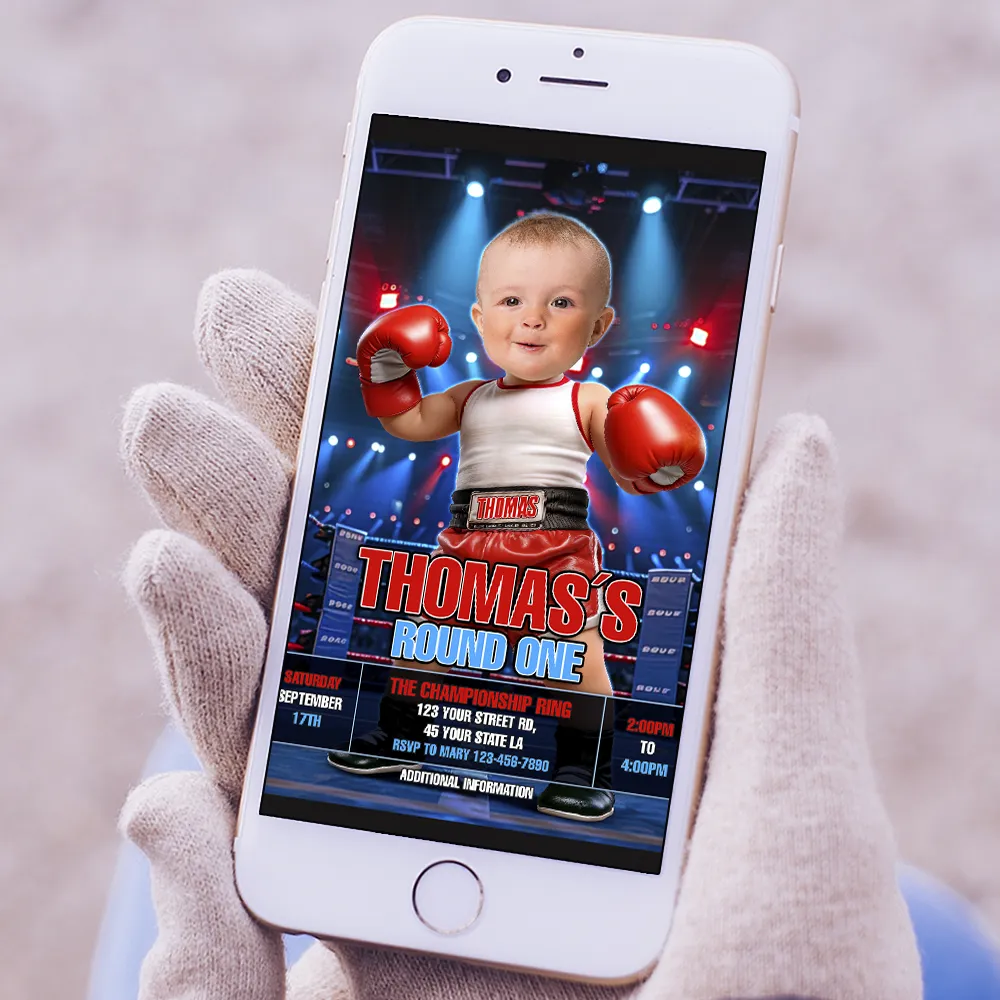 First Round Boxing Birthday Invitation | Custom Photo Boxer Baby 4 Custom Boxer Baby Birthday Invitation