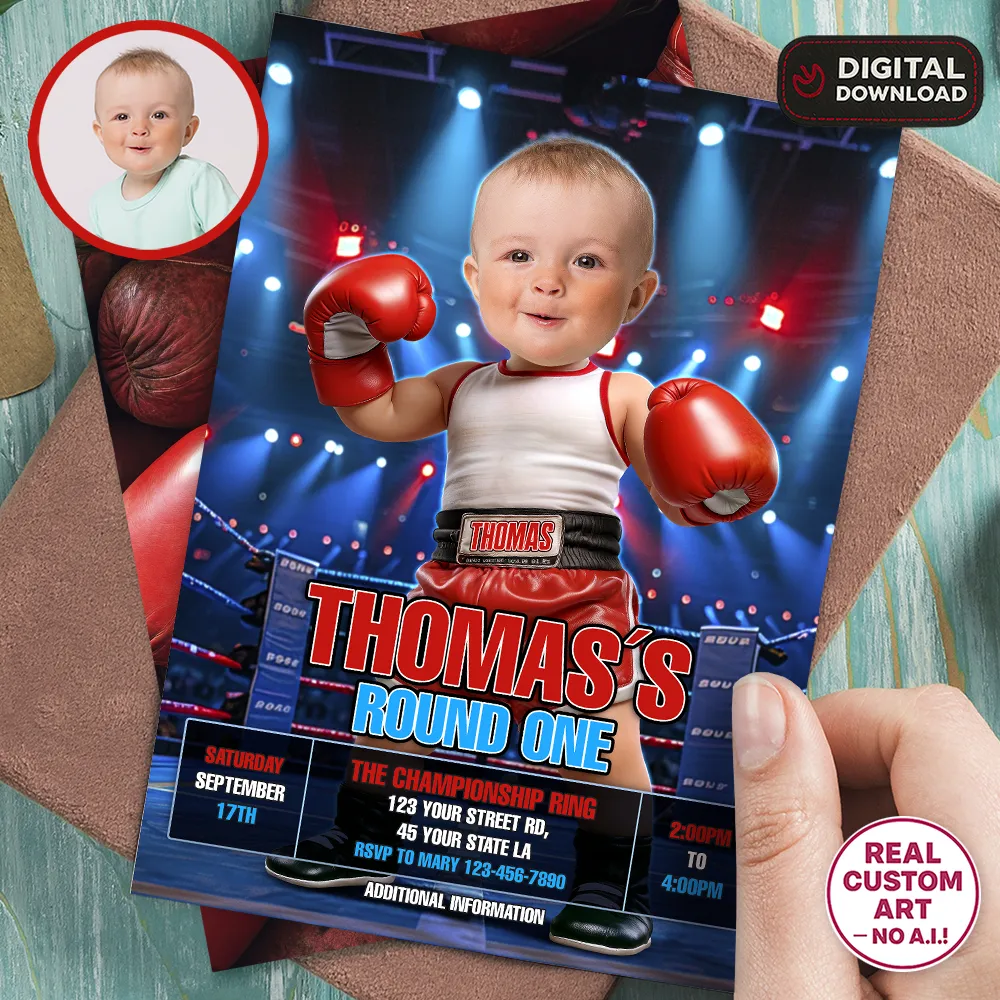 First Round Boxing Birthday Invitation | Custom Photo Boxer Baby 1 Custom Boxer Baby Birthday Invitation