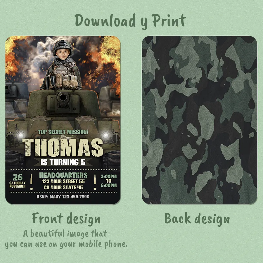 Personalized Tank Soldier Birthday Invitation for Boys – Custom Military Theme Design – Delivered in 24h – Digital File 2 Personalized Tank Soldier Birthday Invitation for Boys – Custom Military Theme Design – Delivered in 24h – Digital File