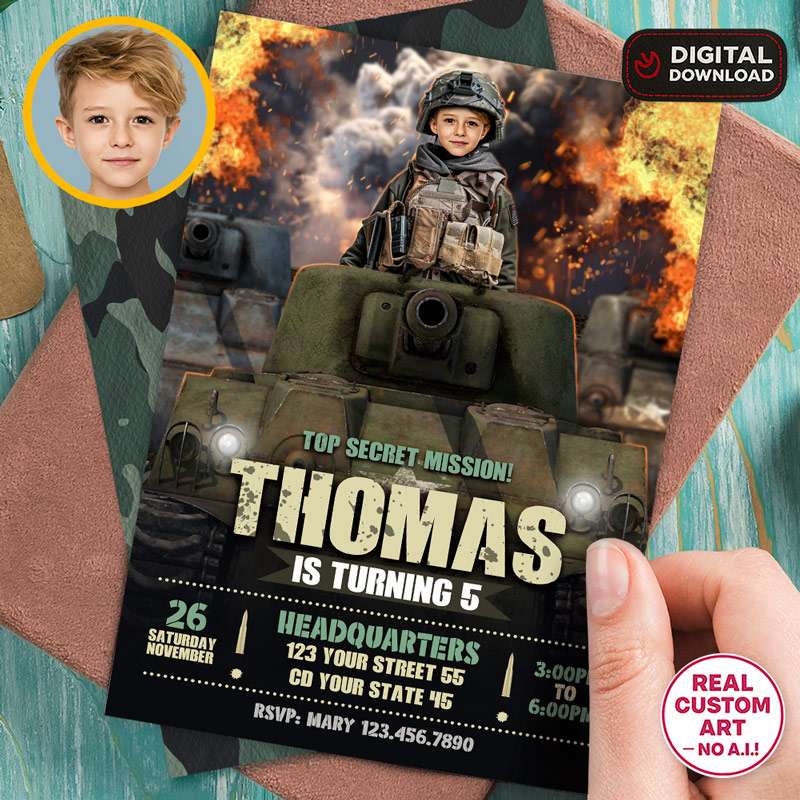 Personalized Tank Soldier Birthday Invitation for Boys – Custom Military Theme Design – Delivered in 24h – Digital File 1 Custom Tank Soldier Birthday Invitation for Boys – Custom Military Theme Design – Delivered in 24h – Digital File