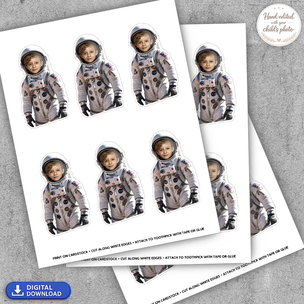 Personalized Astronaut Cupcake Toppers with Your Child’s Face – Custom Space Theme Party Decoration – Delivered in 24h – Digital File 3 Personalized Astronaut Cupcake Toppers with Your Child’s Face – Custom Space Theme Party Decoration – Delivered in 24h – Digital File