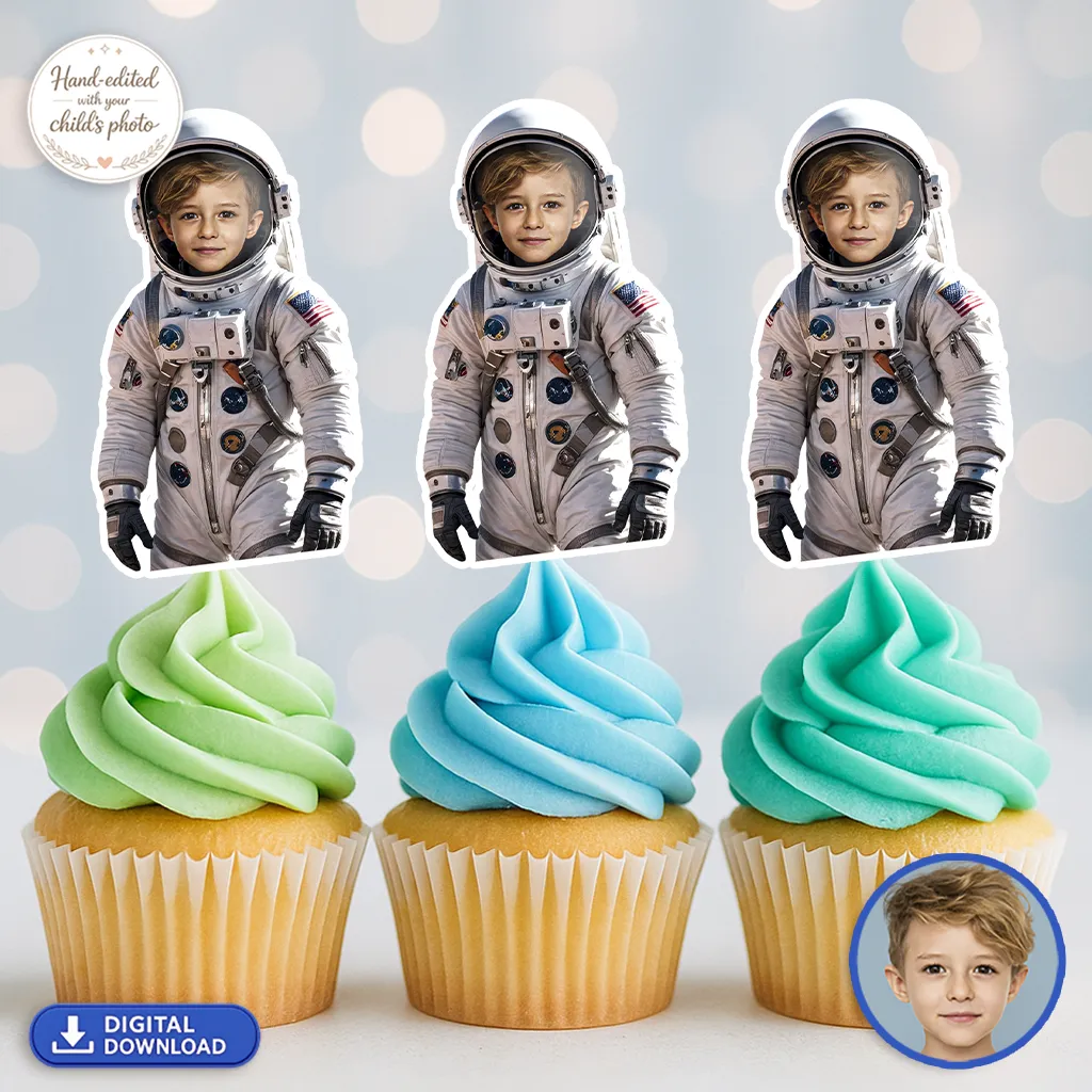 Personalized Astronaut Cupcake Toppers with Your Child’s Face – Custom Space Theme Party Decoration – Delivered in 24h – Digital File 1 Personalized Astronaut Cupcake Toppers with Your Child’s Face – Custom Space Theme Party Decoration – Delivered in 24h – Digital File