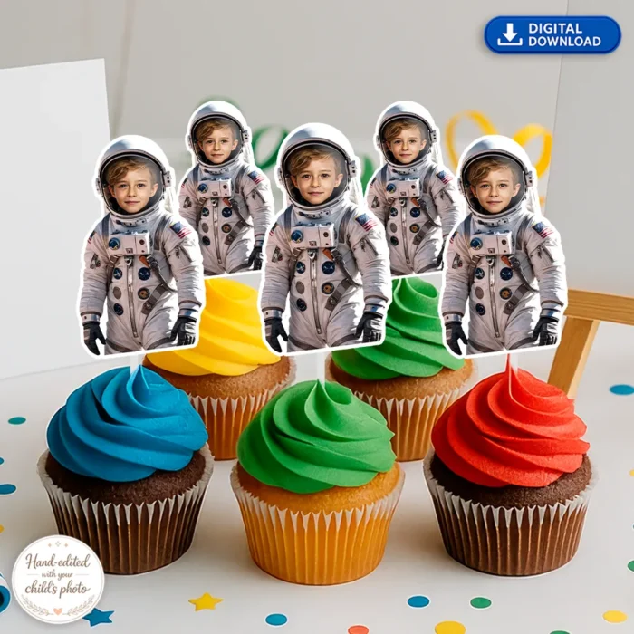 Personalized Astronaut Cupcake Toppers with Your Child’s Face – Custom Space Theme Party Decoration – Delivered in 24h – Digital File