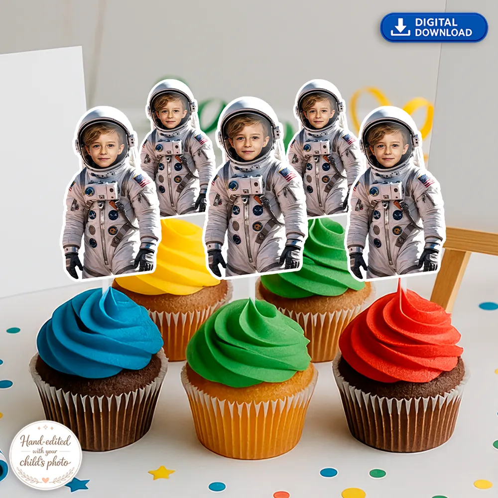 Personalized Astronaut Cupcake Toppers with Your Child’s Face – Custom Space Theme Party Decoration – Delivered in 24h – Digital File 2 Personalized Astronaut Cupcake Toppers with Your Child’s Face – Custom Space Theme Party Decoration – Delivered in 24h – Digital File