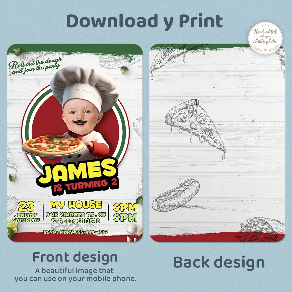 Custom Baby Pizza Maker Birthday Invitation – Chef Theme Design – Delivered in 24h – Digital File 5 Custom Baby Pizza Maker Birthday Invitation – Chef Theme Design – Delivered in 24h – Digital File