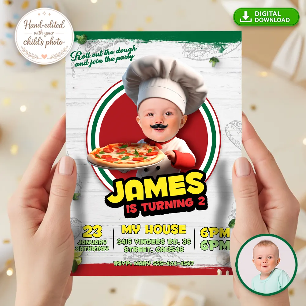 Custom Baby Pizza Maker Birthday Invitation – Chef Theme Design – Delivered in 24h – Digital File 2 Custom Baby Pizza Maker Birthday Invitation – Chef Theme Design – Delivered in 24h – Digital File