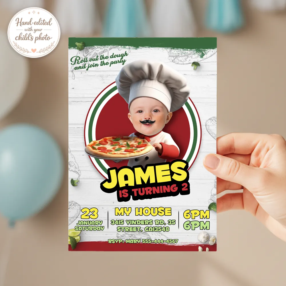 Custom Baby Pizza Maker Birthday Invitation – Chef Theme Design – Delivered in 24h – Digital File 3 Custom Baby Pizza Maker Birthday Invitation – Chef Theme Design – Delivered in 24h – Digital File