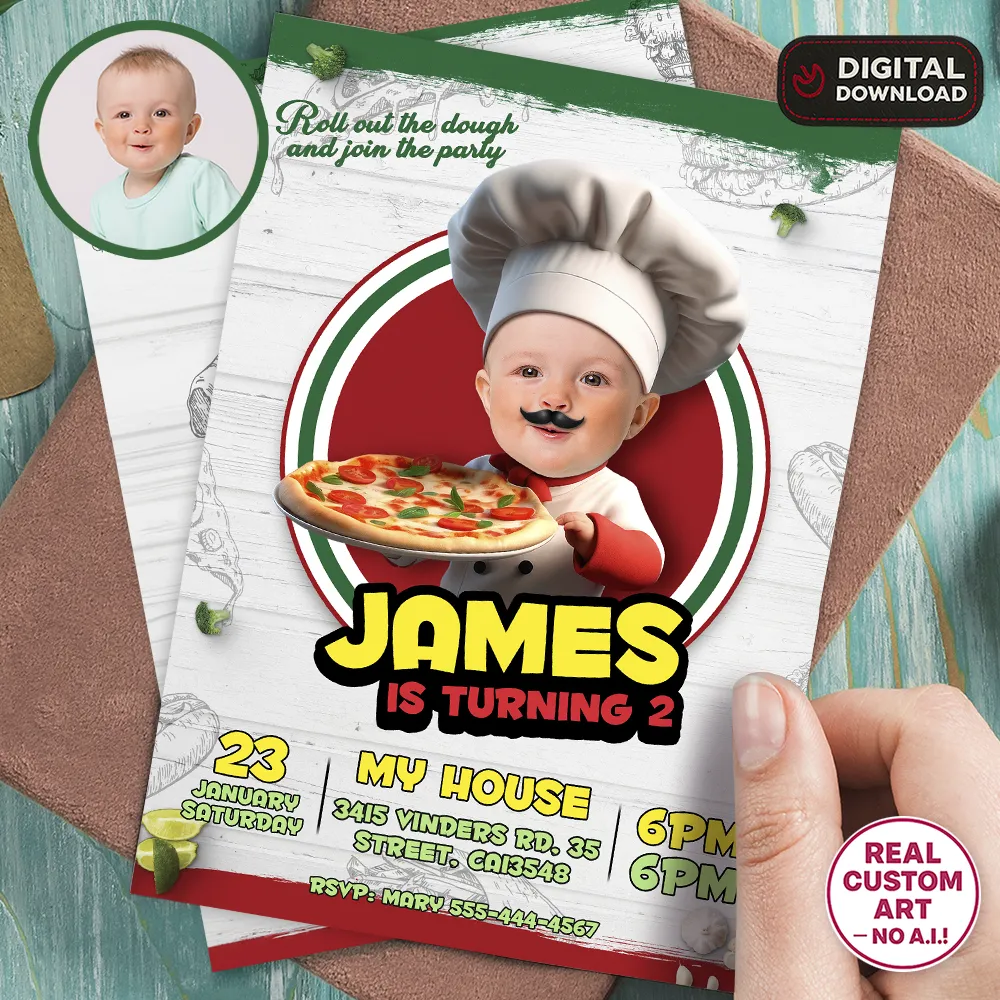Custom Baby Pizza Maker Birthday Invitation – Chef Theme Design – Delivered in 24h – Digital File 1 Custom Baby Pizza Maker Birthday Invitation – Chef Theme Design – Delivered in 24h – Digital File