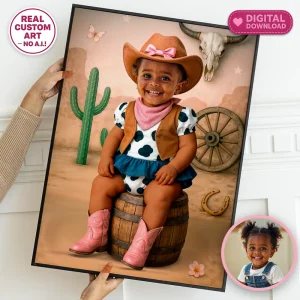 Personalized First Rodeo Baby Portrait – Custom Cowgirl Theme Digital Artwork for Girls – Delivered in 24h – Digital File