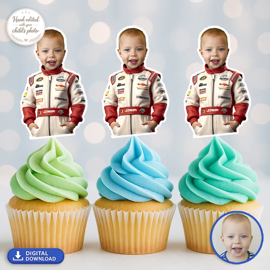 Personalized Racer Party Cupcake Toppers with Your Child’s Photo – Custom Race Car Theme Decoration – Delivered in 24h – Digital File 1 Personalized Racer Party Cupcake Toppers with Your Child’s Photo – Custom Race Car Theme Decoration – Delivered in 24h – Digital File