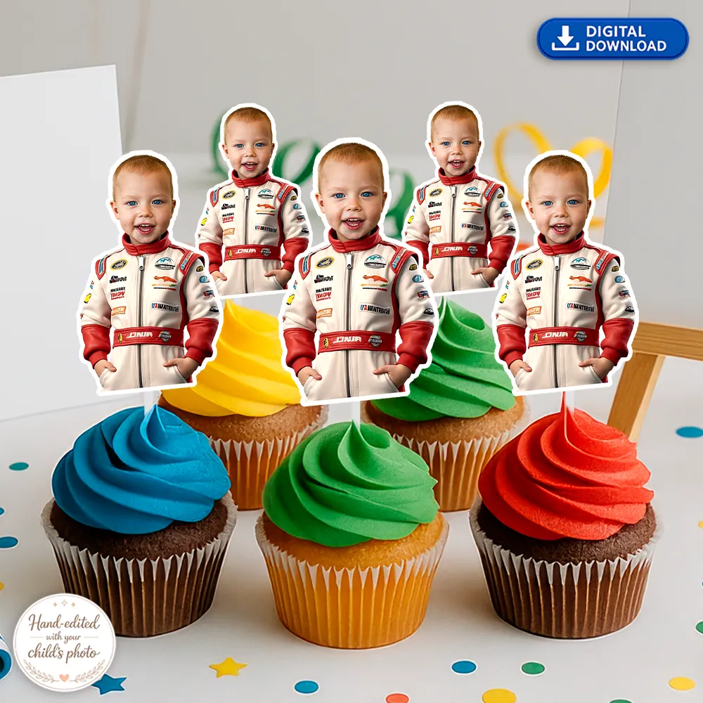 Personalized Racer Party Cupcake Toppers with Your Child’s Photo – Custom Race Car Theme Decoration – Delivered in 24h – Digital File 2 Personalized Racer Party Cupcake Toppers with Your Child’s Photo – Custom Race Car Theme Decoration – Delivered in 24h – Digital File