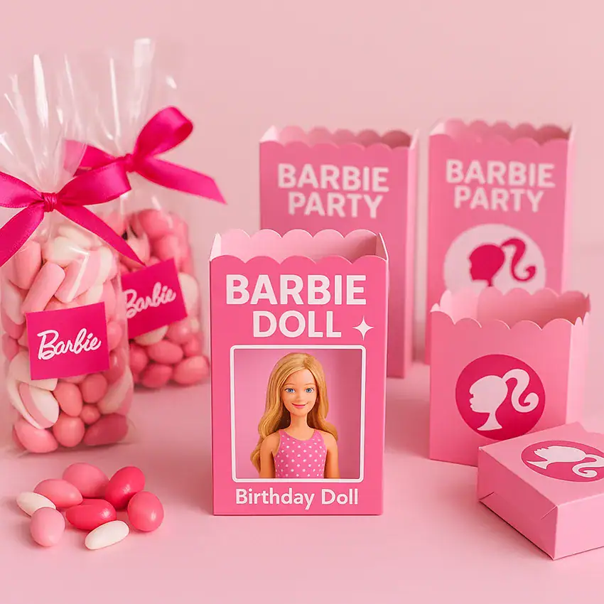 Barbie party favor boxes with candy and mini gifts for kids