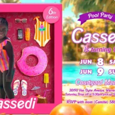 Custom digital birthday invitation – doll box pool party – real order completed for a client by Alice Magic Party