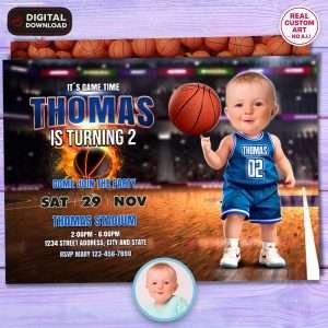 Personalized Baby Basketball Player Birthday Invitation – Custom Sports Theme Design – Delivered in 24h – Digital File