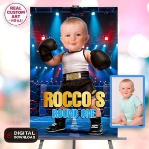 Personalized Baby Boxer Birthday Welcome Sign – Custom Boxing Theme Party Decoration With Photo – Delivered in 24h – Digital File