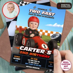 Personalized Growing Up Two Fast Baby Race Car Birthday Invitation – Custom Racing Photo Invitation – Delivered in 24h – Digital File