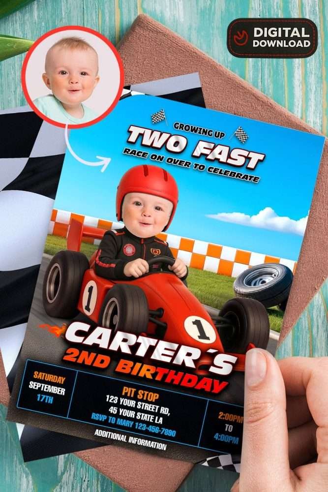 Growing Two Fast Birthday Party Bundle – Personalized Race Car Theme Digital Design Pack – Made to Order File 10 Custom Growing Up Two Fast Baby Race Car Birthday Invitation