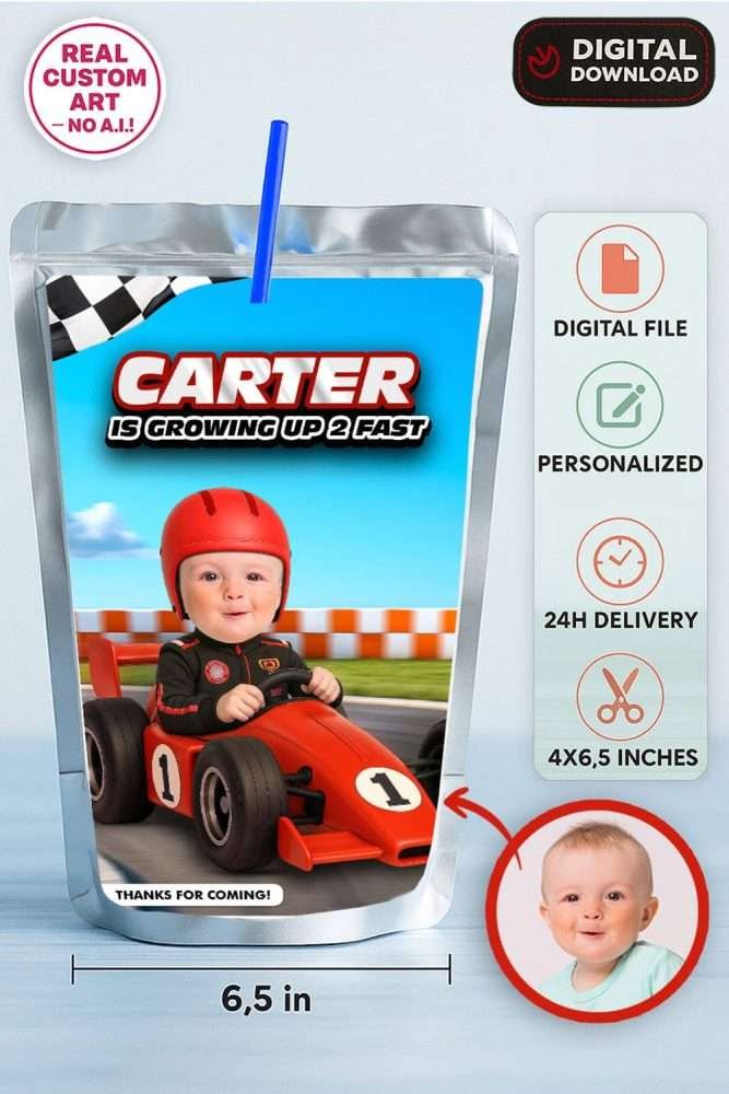 Growing Two Fast Birthday Party Bundle – Personalized Race Car Theme Digital Design Pack – Made to Order File 6 Personalized Growing Two Fast Capri Sun Labels